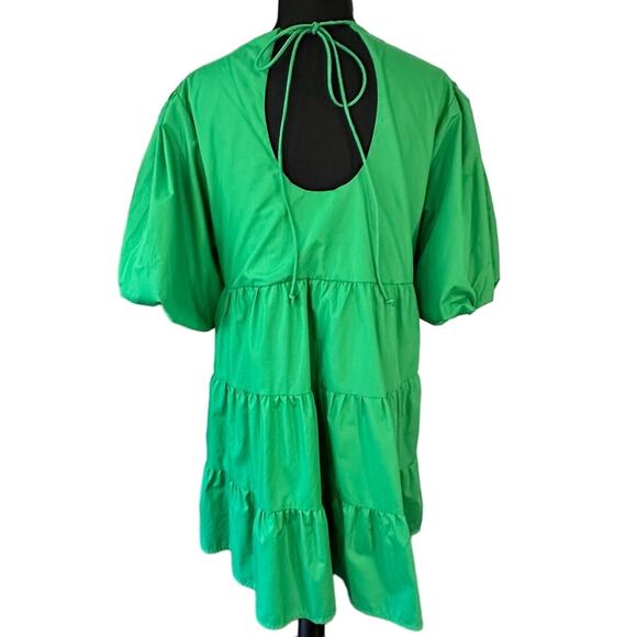 Emelia Kelly Green Puff Sleeve Tiered Ruffle Tie Back Dress, Size M - Picture 2 of 7